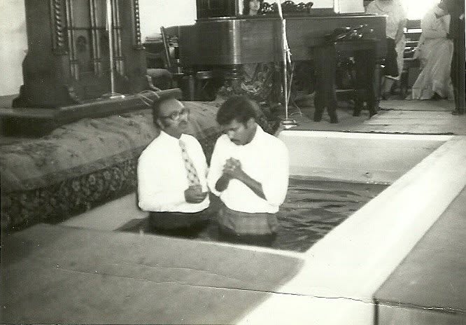 An archival photograph of a baptism at Union Church's baptismal tank